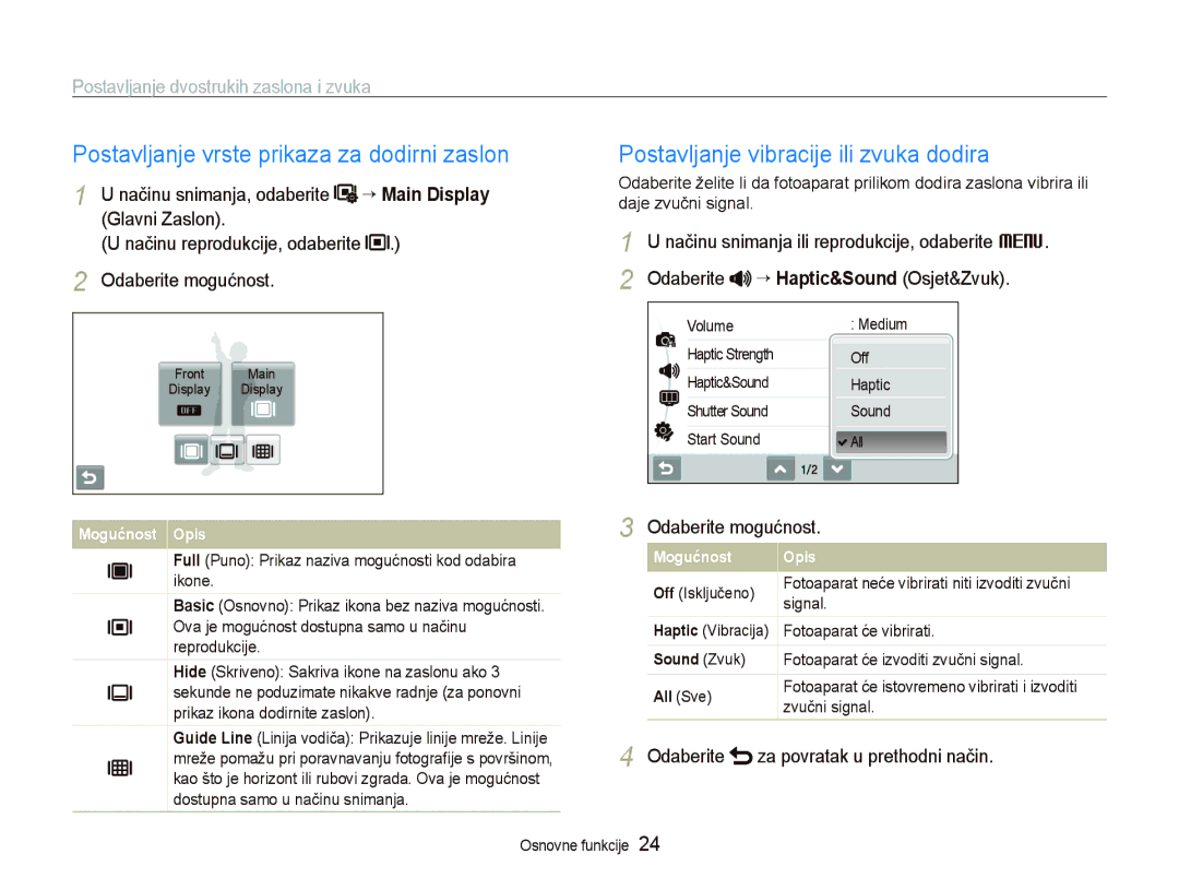 Samsung EC-ST500ZBPSE3 manual Postavljanje vrste prikaza za dodirni zaslon, Postavljanje vibracije ili zvuka dodira 