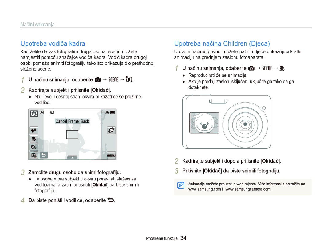 Samsung EC-ST500ZBPUE3 Upotreba vodiča kadra, Upotreba načina Children Djeca, Zamolite drugu osobu da snimi fotograﬁju 