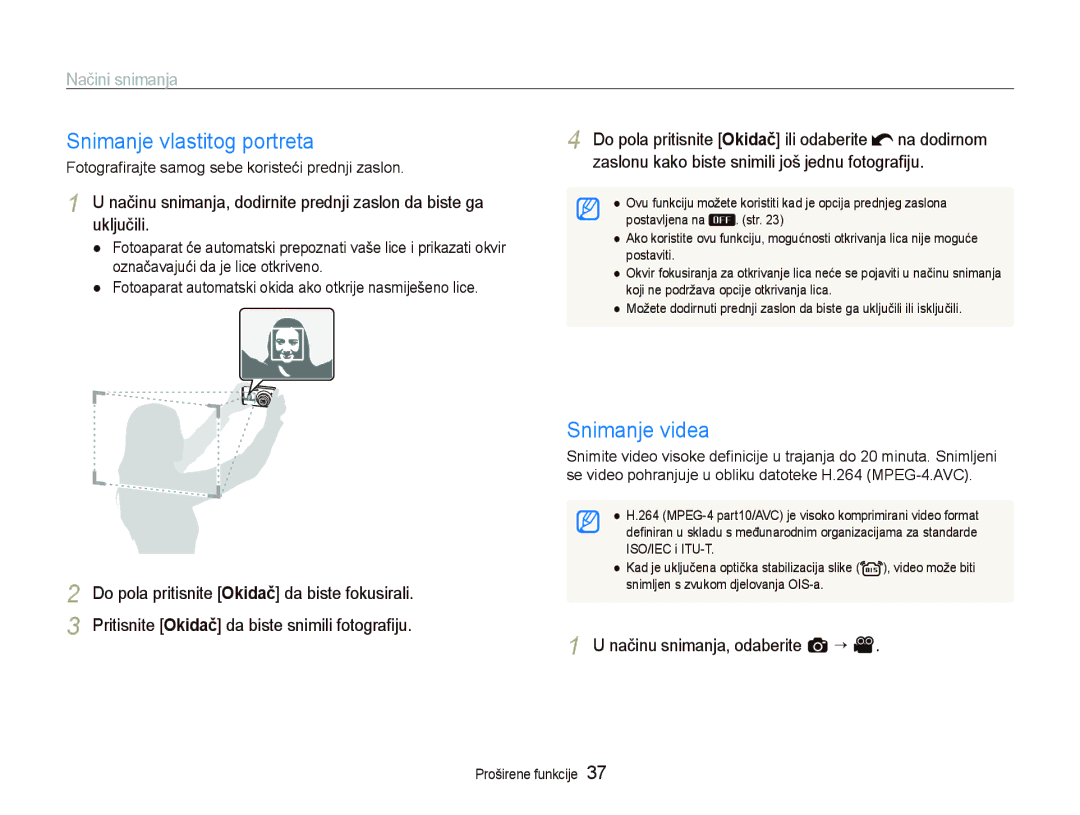 Samsung EC-ST500ZBPUE3, EC-ST500ZBPRE3 manual Snimanje vlastitog portreta, Snimanje videa, Načinu snimanja, odaberite a ¡ 