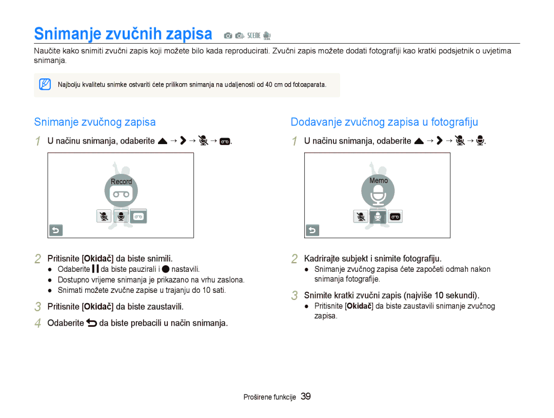 Samsung EC-ST500ZBPSE3 manual Snimanje zvučnih zapisa a p s d, Snimanje zvučnog zapisa, Načinu snimanja, odaberite f ¡ ¡ ¡ 