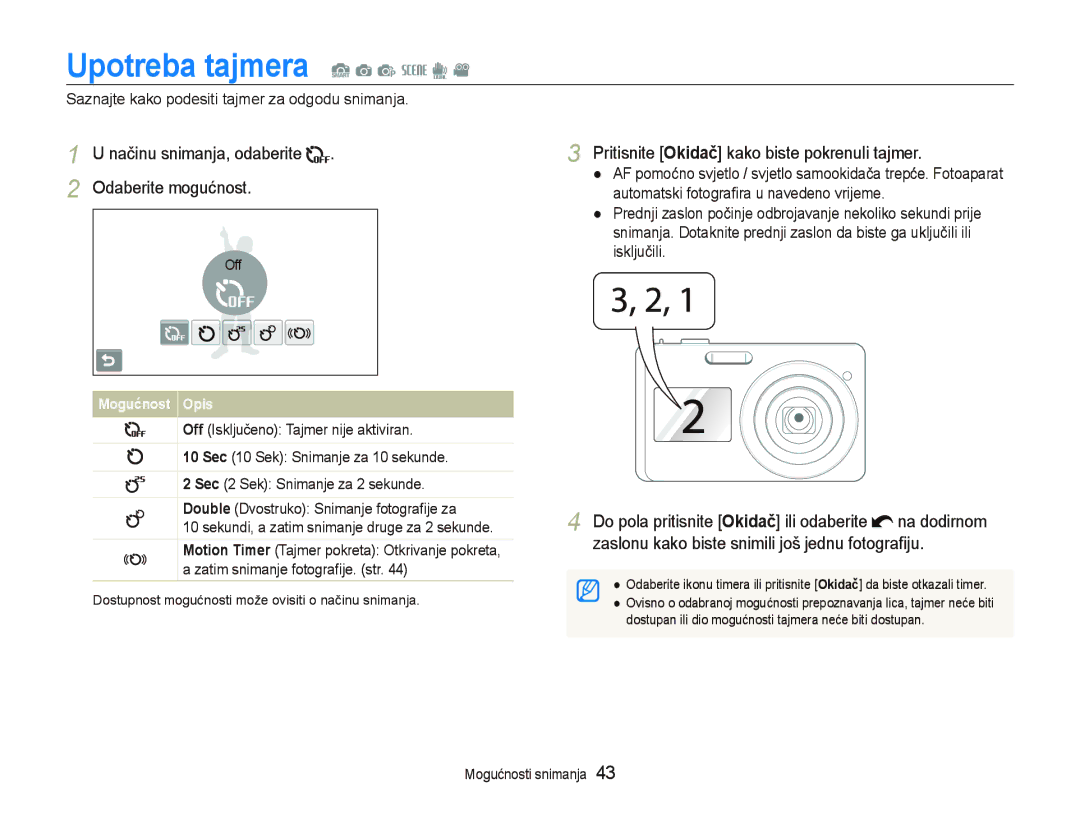 Samsung EC-ST500ZBPUE3, EC-ST500ZBPRE3 manual Upotreba tajmera S a p s d, Načinu snimanja, odaberite Odaberite mogućnost 