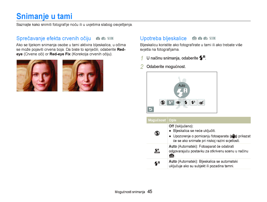 Samsung EC-ST500ZBPSE3 manual Snimanje u tami, Sprečavanje efekta crvenih očiju a p s, Upotreba bljeskalice S a p s 