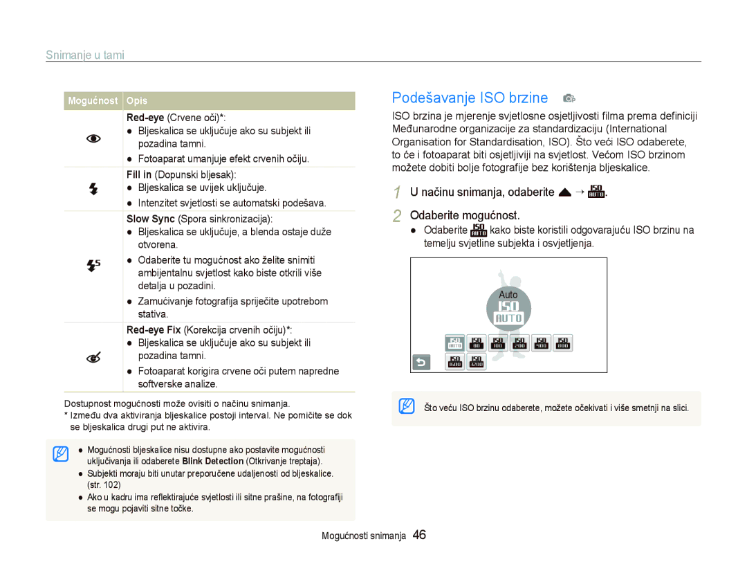 Samsung EC-ST500ZBPUE3 manual Podešavanje ISO brzine p, Snimanje u tami, Načinu snimanja, odaberite f ¡ Odaberite mogućnost 