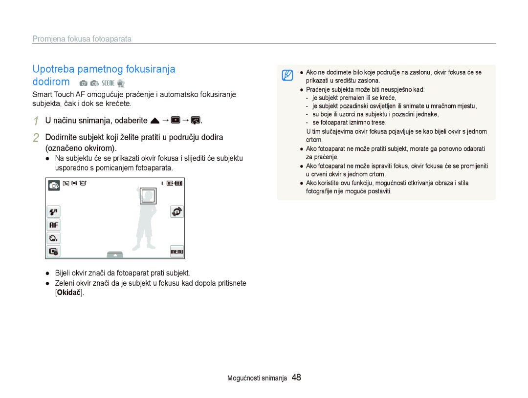 Samsung EC-ST500ZBPSE3 manual Upotreba pametnog fokusiranja dodirom a p s d, Promjena fokusa fotoaparata, Označeno okvirom 