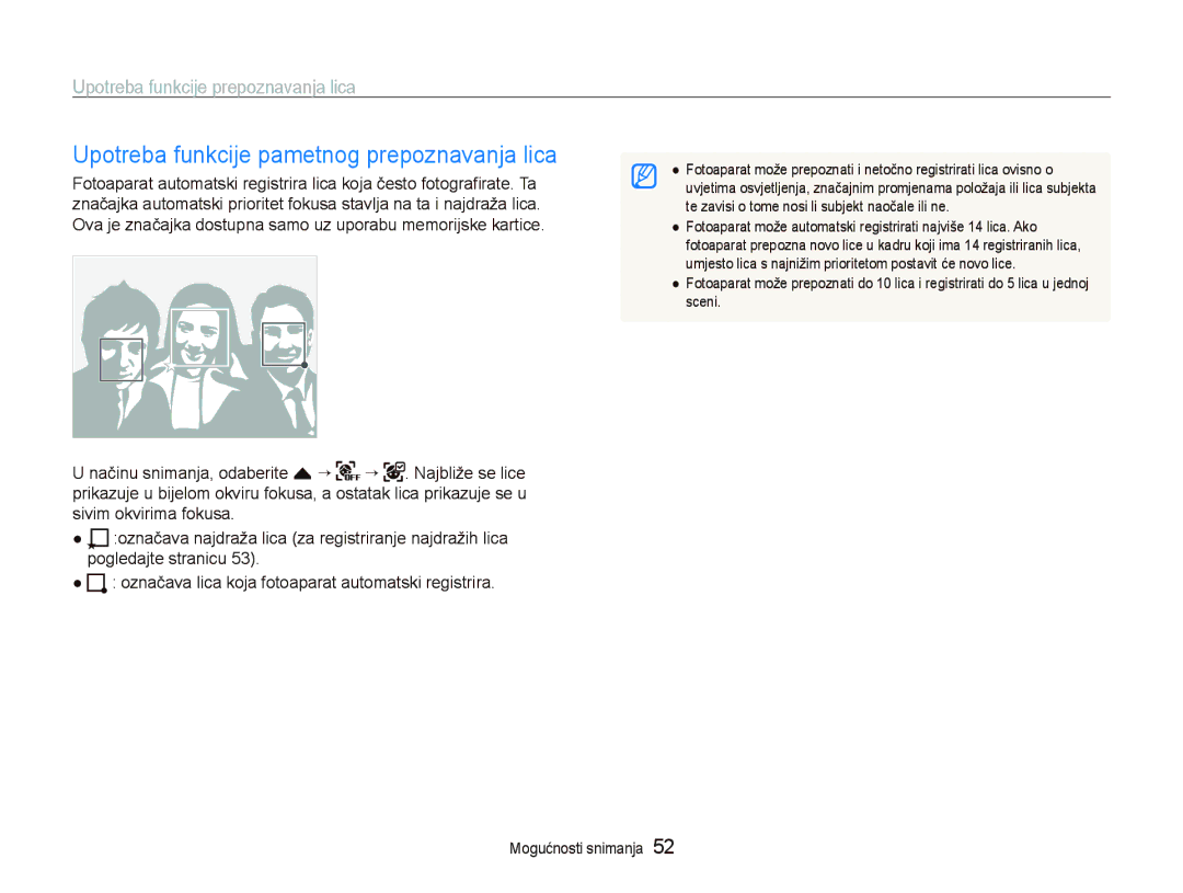 Samsung EC-ST500ZBPUE3, EC-ST500ZBPRE3, EC-ST500ZBPSE3 manual Upotreba funkcije pametnog prepoznavanja lica 