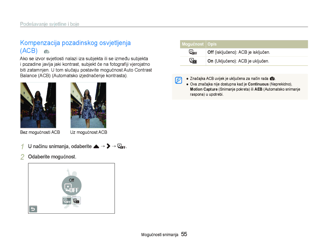 Samsung EC-ST500ZBPUE3, EC-ST500ZBPRE3 manual Kompenzacija pozadinskog osvjetljenja ACB p, Podešavanje svjetline i boje 