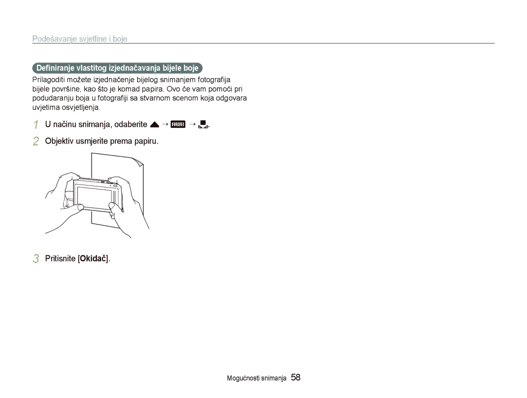 Samsung EC-ST500ZBPUE3, EC-ST500ZBPRE3, EC-ST500ZBPSE3 manual Deﬁniranje vlastitog izjednačavanja bijele boje 