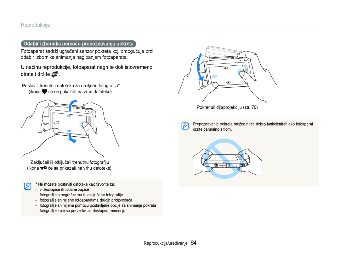 Samsung EC-ST500ZBPUE3 manual Reprodukcija, Odabir izbornika pomoću prepoznavanja pokreta, Pokrenuli dijaprojekciju str 