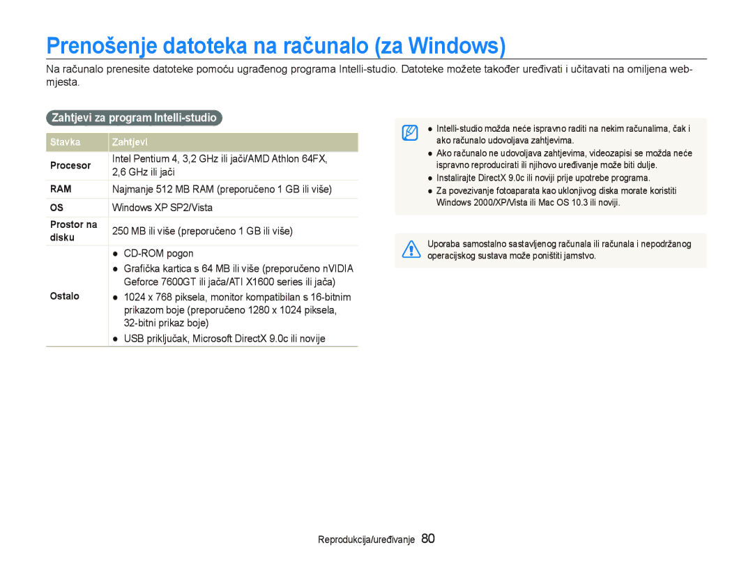 Samsung EC-ST500ZBPRE3, EC-ST500ZBPSE3 manual Prenošenje datoteka na računalo za Windows, Zahtjevi za program Intelli-studio 