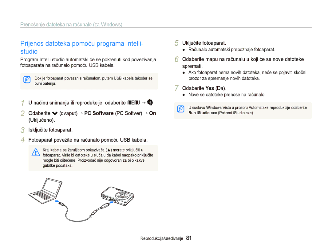 Samsung EC-ST500ZBPSE3 manual Prijenos datoteka pomoću programa Intelli- studio, Prenošenje datoteka na računalo za Windows 