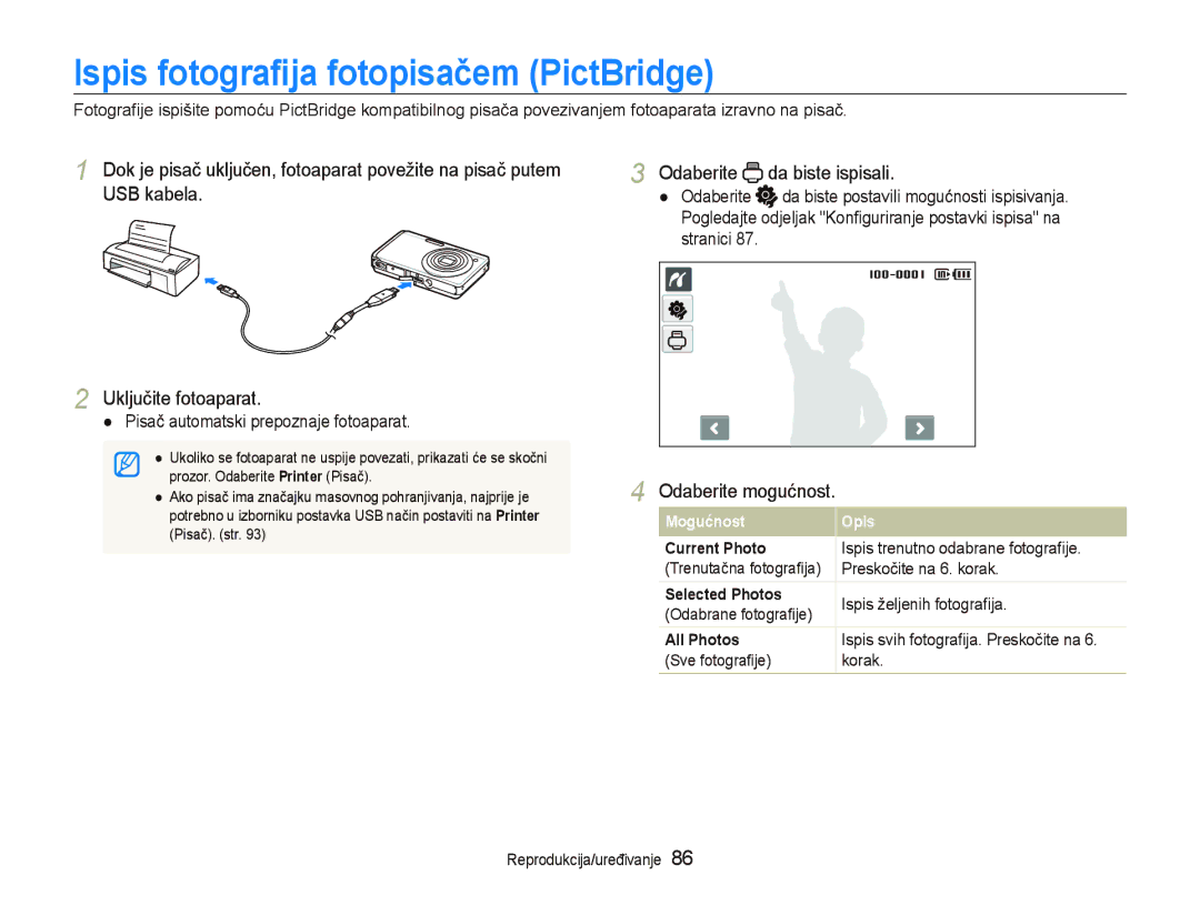 Samsung EC-ST500ZBPRE3, EC-ST500ZBPSE3, EC-ST500ZBPUE3 Ispis fotograﬁja fotopisačem PictBridge, Odaberite da biste ispisali 