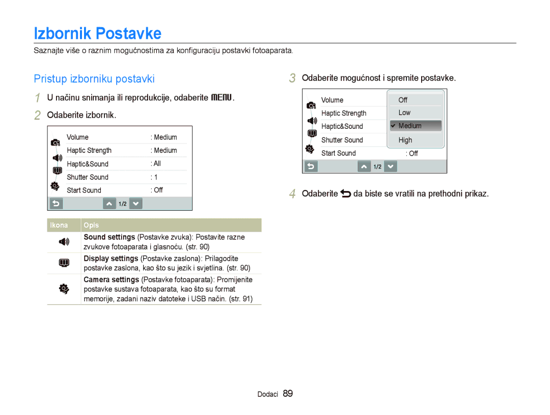 Samsung EC-ST500ZBPRE3 manual Izbornik Postavke, Pristup izborniku postavki, Odaberite mogućnost i spremite postavke 