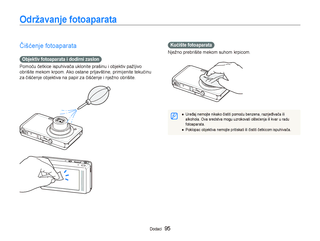 Samsung EC-ST500ZBPRE3, EC-ST500ZBPSE3 Održavanje fotoaparata, Čišćenje fotoaparata, Objektiv fotoaparata i dodirni zaslon 