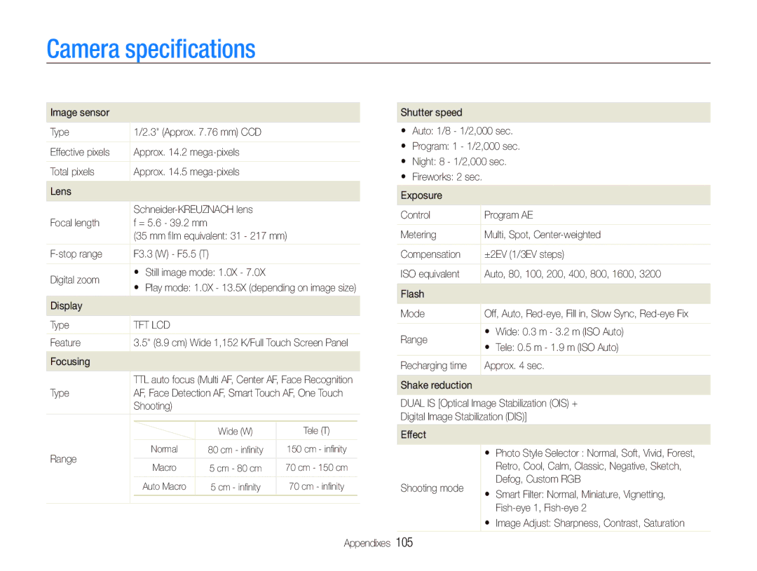 Samsung EC-ST500ZDPRME, EC-ST500ZBPRIT, EC-ST500ZBASE1, EC-ST500ZBPSIT, EC-ST500ZBPSFR manual Camera speciﬁcations, 105 