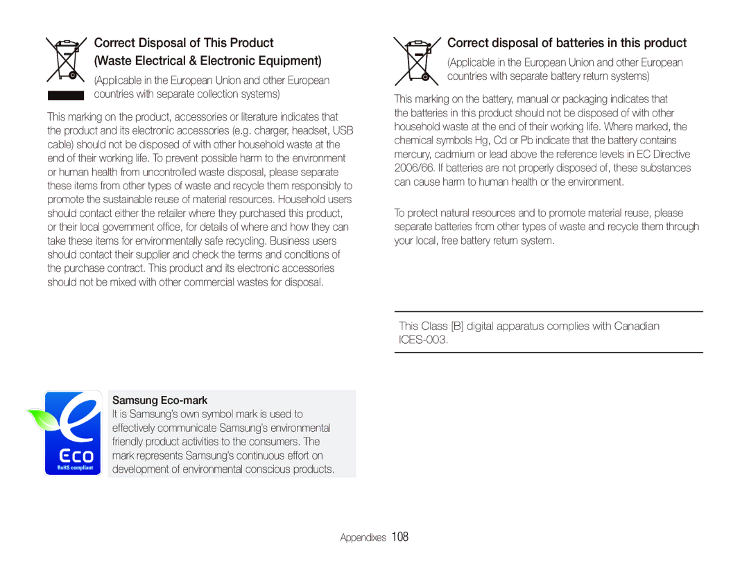 Samsung EC-ST5000BPADZ, EC-ST500ZBPRIT, EC-ST500ZBASE1 manual Correct disposal of batteries in this product, Samsung Eco-mark 