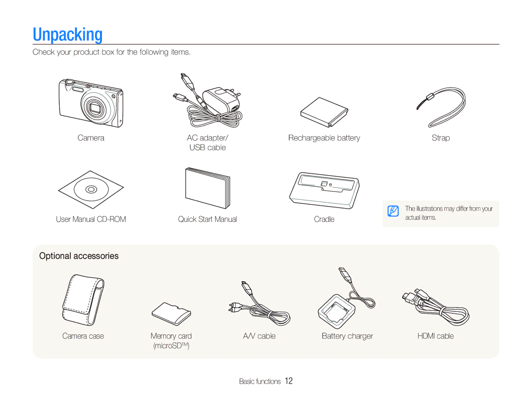 Samsung EC-ST5000BPUIT, EC-ST500ZBPRIT, EC-ST500ZBASE1, EC-ST500ZBPSIT, EC-ST500ZBPSFR manual Unpacking, Optional accessories 