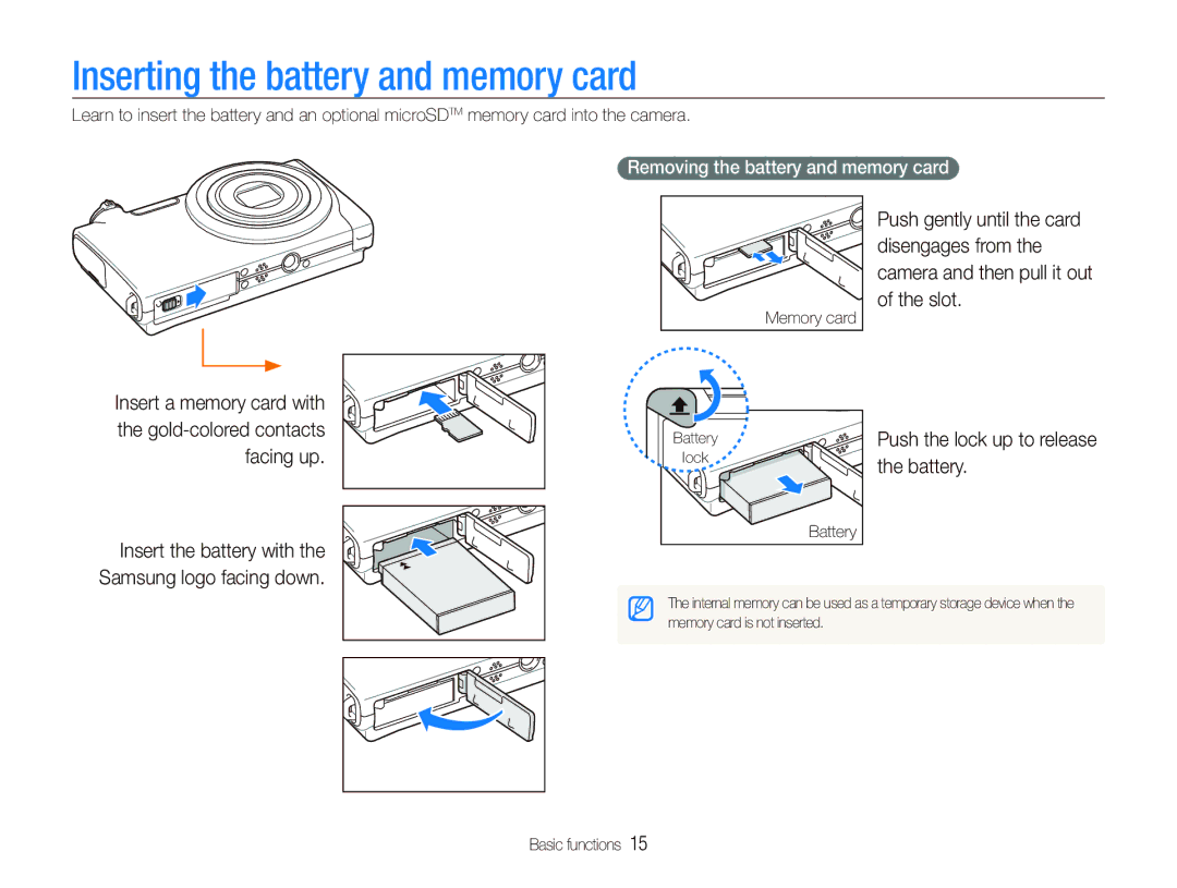 Samsung EC-ST5000BPAIT, EC-ST500Z Inserting the battery and memory card, Battery, Removing the battery and memory card 