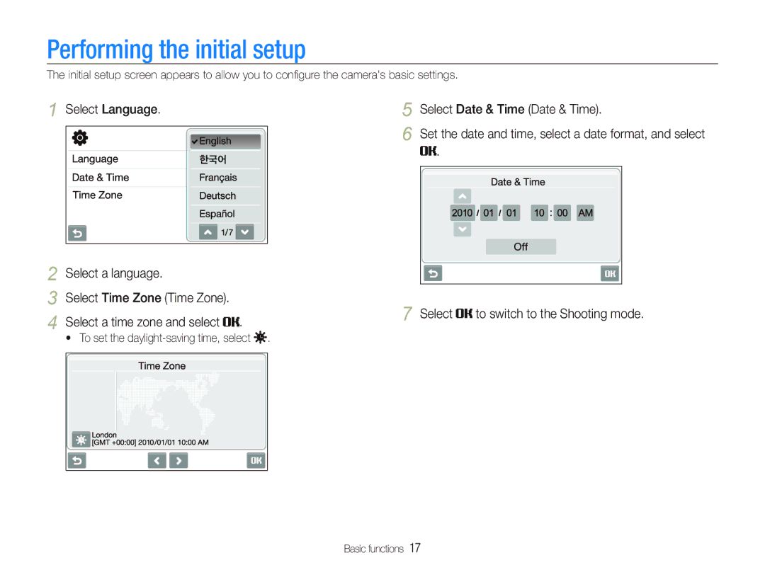 Samsung EC-ST500ZBPUZA, EC-ST500ZBPRIT manual Performing the initial setup, Select Language Select Date & Time Date & Time 