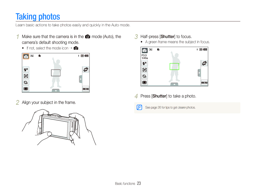 Samsung ES-ST500ZSARCN, EC-ST500ZBPRIT manual Taking photos, Align your subject in the frame Half-press Shutter to focus 