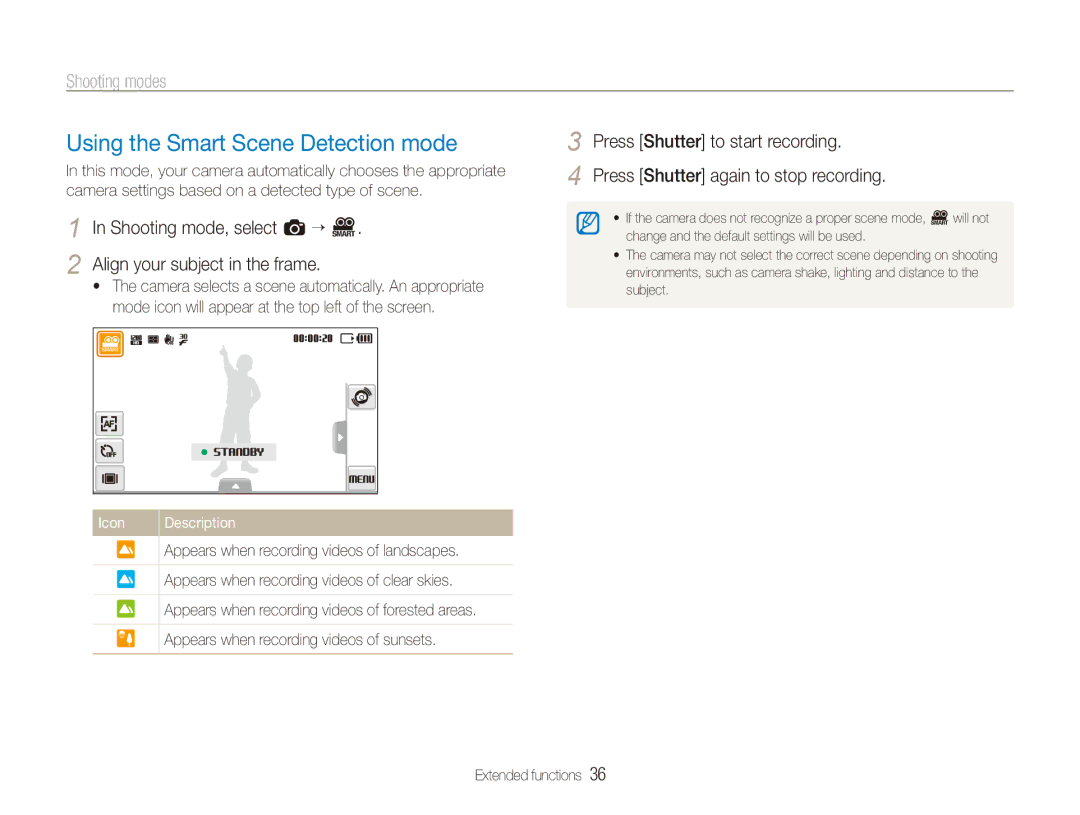 Samsung EC-ST500ZBPSDZ, EC-ST500ZBPRIT manual Using the Smart Scene Detection mode, Align your subject in the frame 