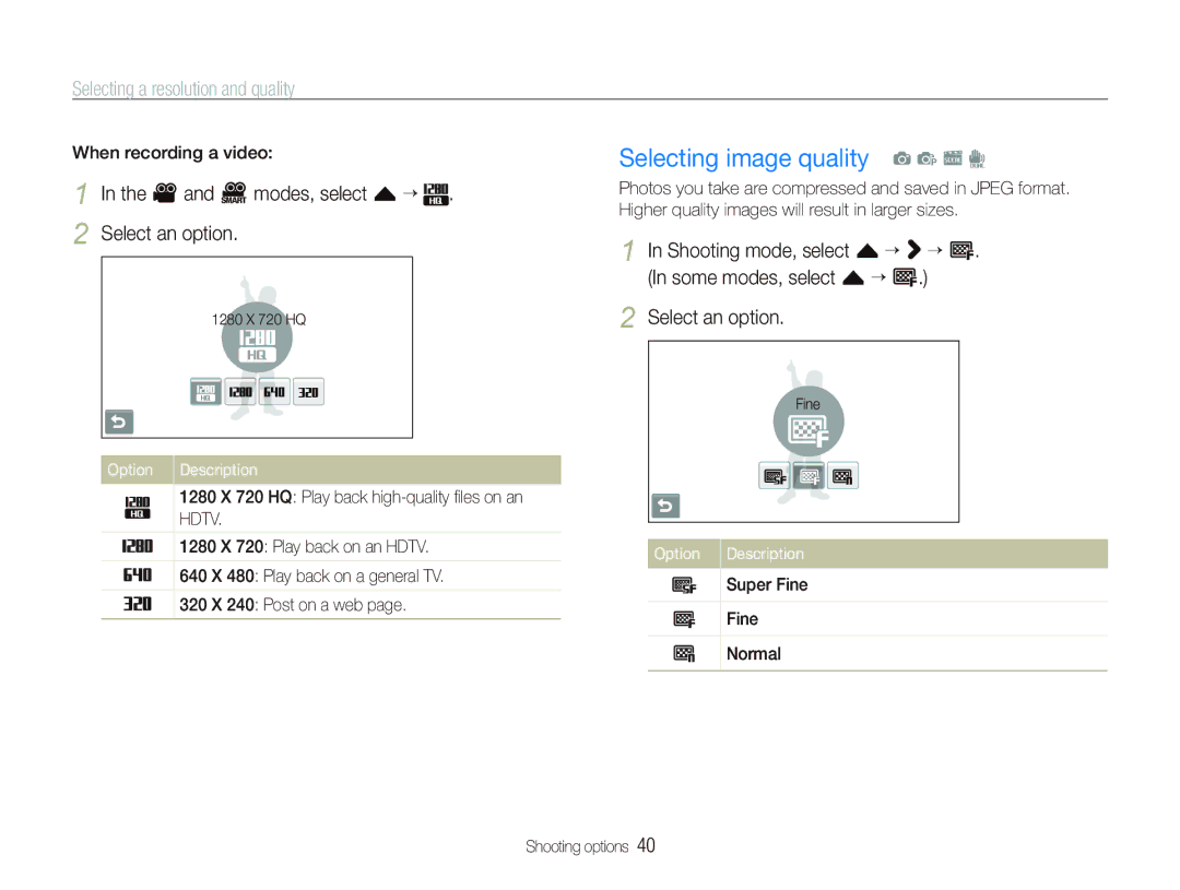 Samsung EC-ST500ZDPSME manual Selecting image quality a p s d, Selecting a resolution and quality, When recording a video 