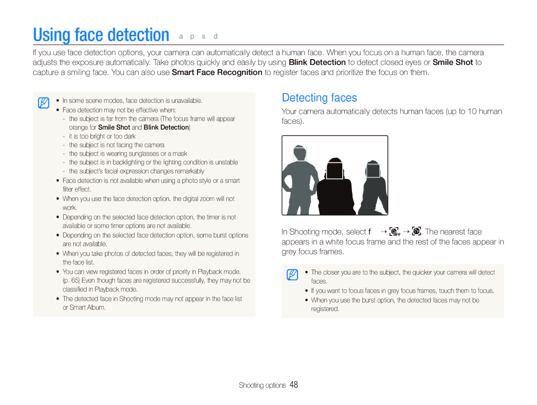 Samsung ES-ST500ZSASCN, EC-ST500ZBPRIT, EC-ST500ZBASE1, EC-ST500ZBPSIT manual Using face detection a p s d, Detecting faces 