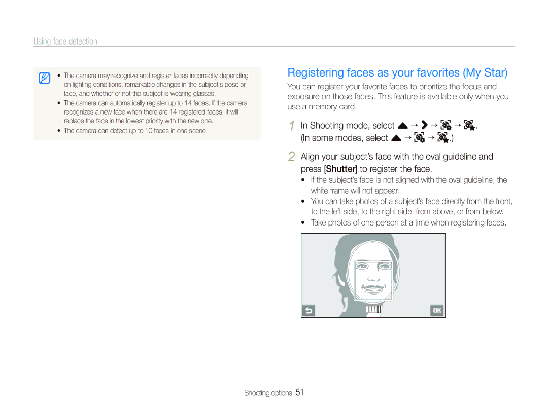 Samsung EC-ST5000BDAVN, EC-ST500ZBPRIT, EC-ST500ZBASE1, EC-ST500ZBPSIT manual Registering faces as your favorites My Star 