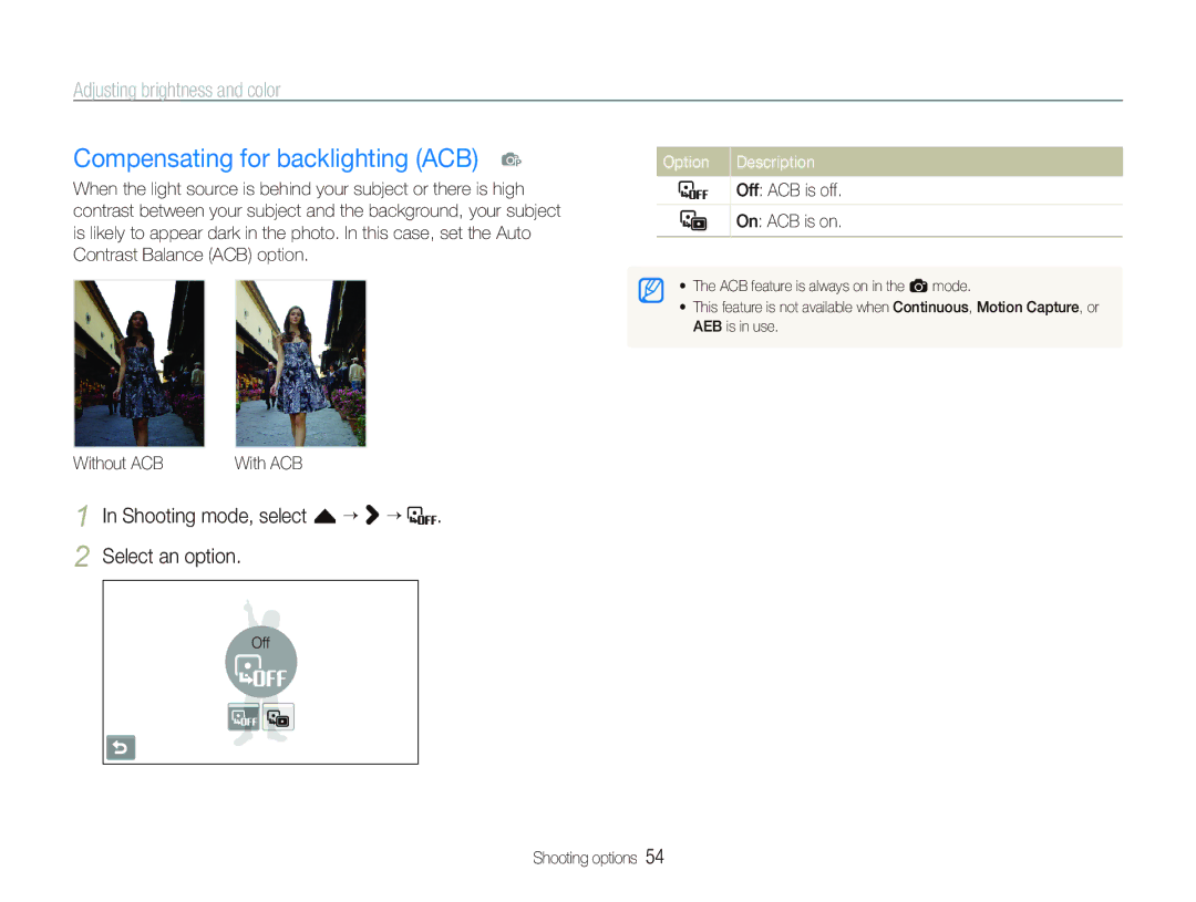 Samsung EC-ST5000BDBVN Compensating for backlighting ACB p, Adjusting brightness and color, Shooting mode, select f ““ “ 