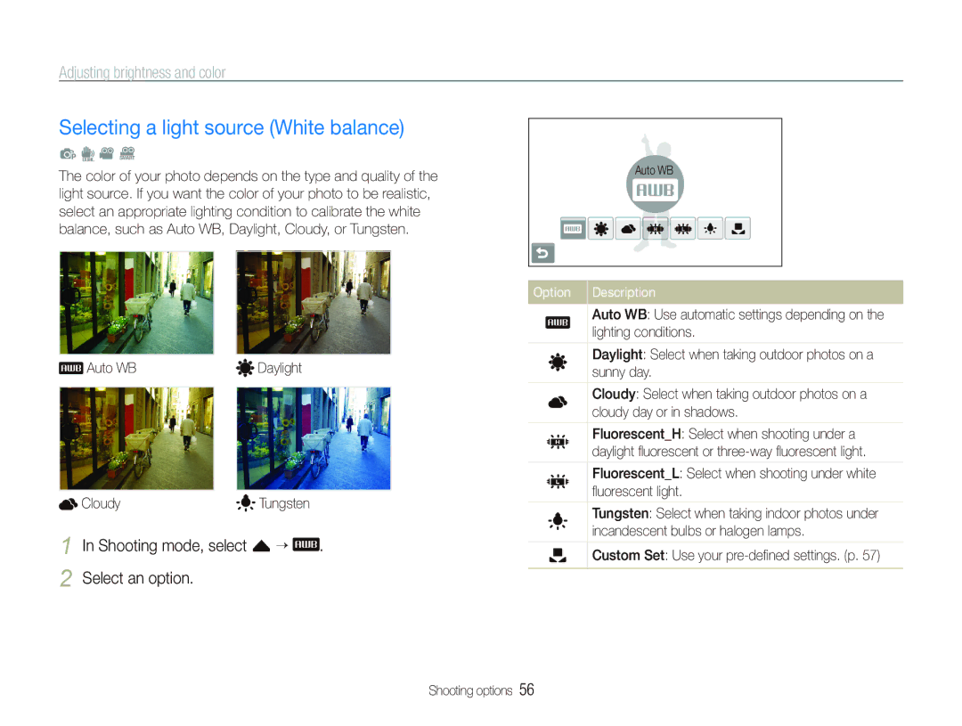 Samsung EC-ST500ZBPRVN, EC-ST500ZBPRIT Selecting a light source White balance, Shooting mode, select f ““ Select an option 