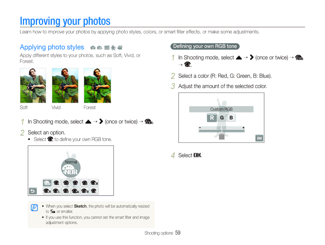 Samsung EC-ST500ZBPUE3, EC-ST500ZBPRIT Improving your photos, Applying photo styles a p s d, Deﬁning your own RGB tone 