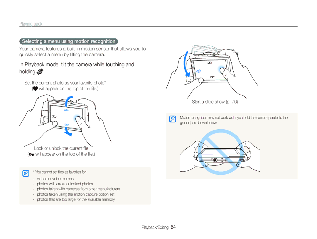 Samsung EC-ST5000BPAE2 manual Playing back, Playback mode, tilt the camera while touching and holding, Start a slide show p 