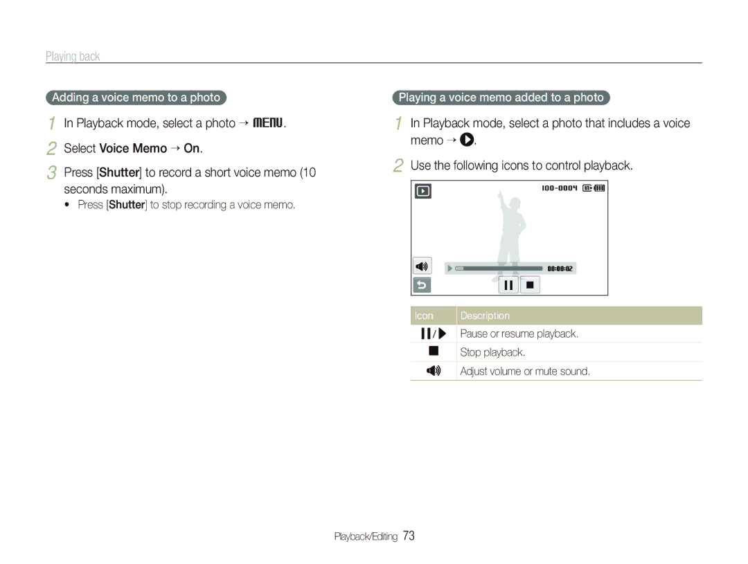 Samsung EC-ST500ZBPSRU, EC-ST500ZBPRIT manual Adding a voice memo to a photo, Playing a voice memo added to a photo 
