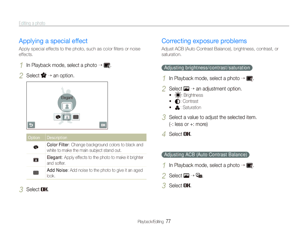 Samsung EC-ST500ZBPRIL Applying a special effect, Correcting exposure problems, Playback mode, select a photo “ Select “ 