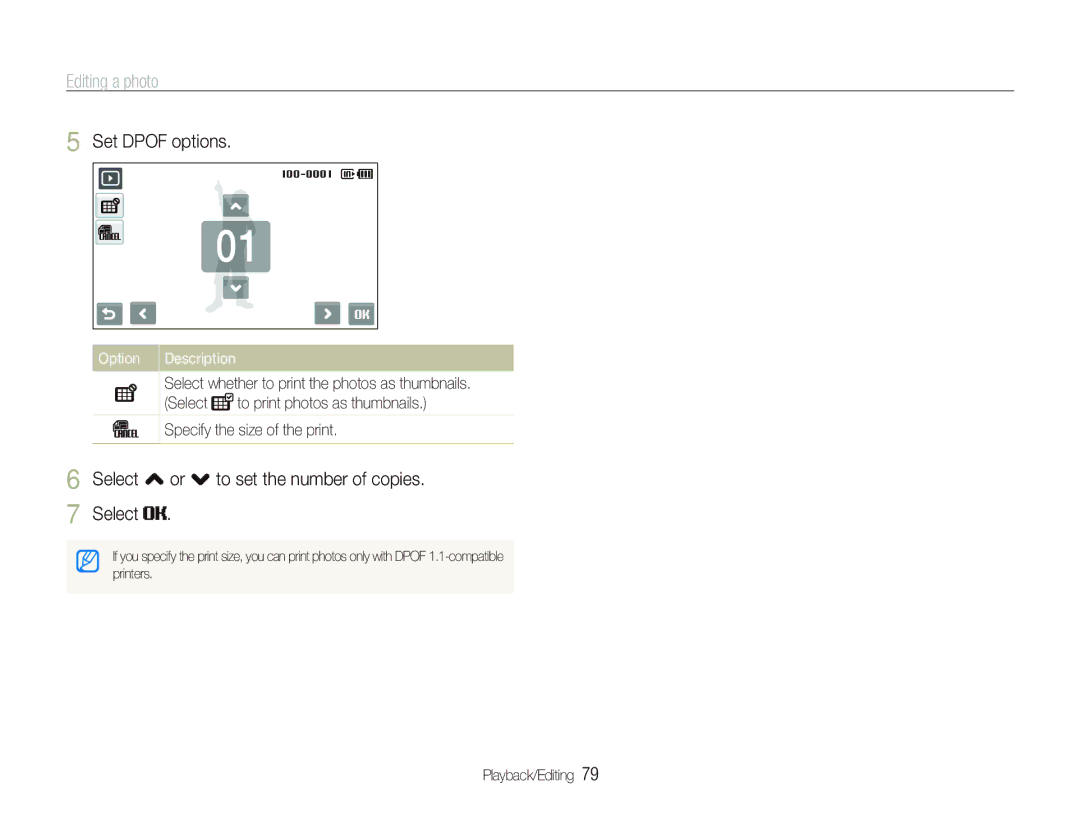 Samsung EC-ST500ZBPRIT, EC-ST500ZBASE1, EC-ST500ZBPSIT Set Dpof options, Select , or . to set the number of copies Select 