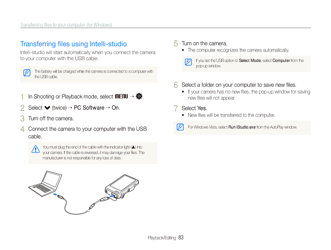 Samsung EC-ST500ZBPUAU manual Transferring ﬁles using Intelli-studio, Transferring ﬁles to your computer for Windows, Cable 