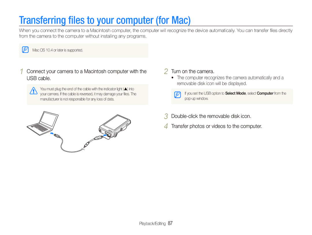 Samsung EC-ST500ZBAAFR, EC-ST500ZBPRIT, EC-ST500ZBASE1, EC-ST500ZBPSIT manual Transferring ﬁles to your computer for Mac 