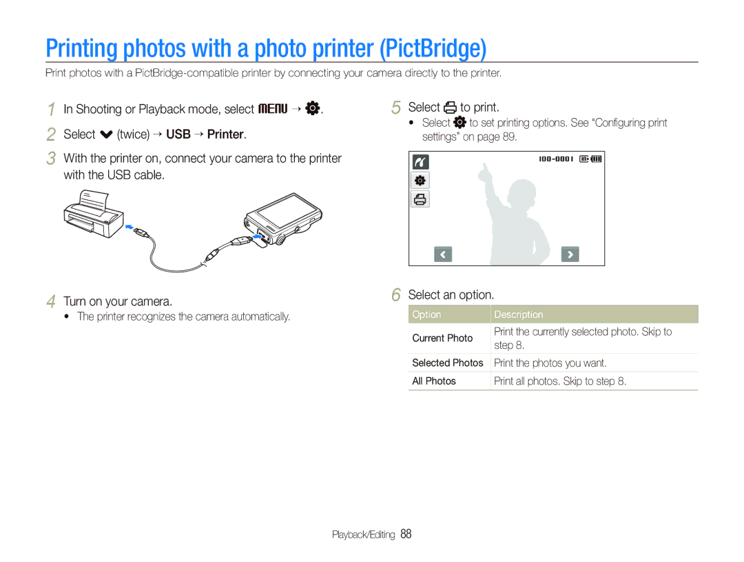 Samsung EC-ST5000BPBE1, EC-ST500ZBPRIT, EC-ST500ZBASE1 Printing photos with a photo printer PictBridge, Select to print 