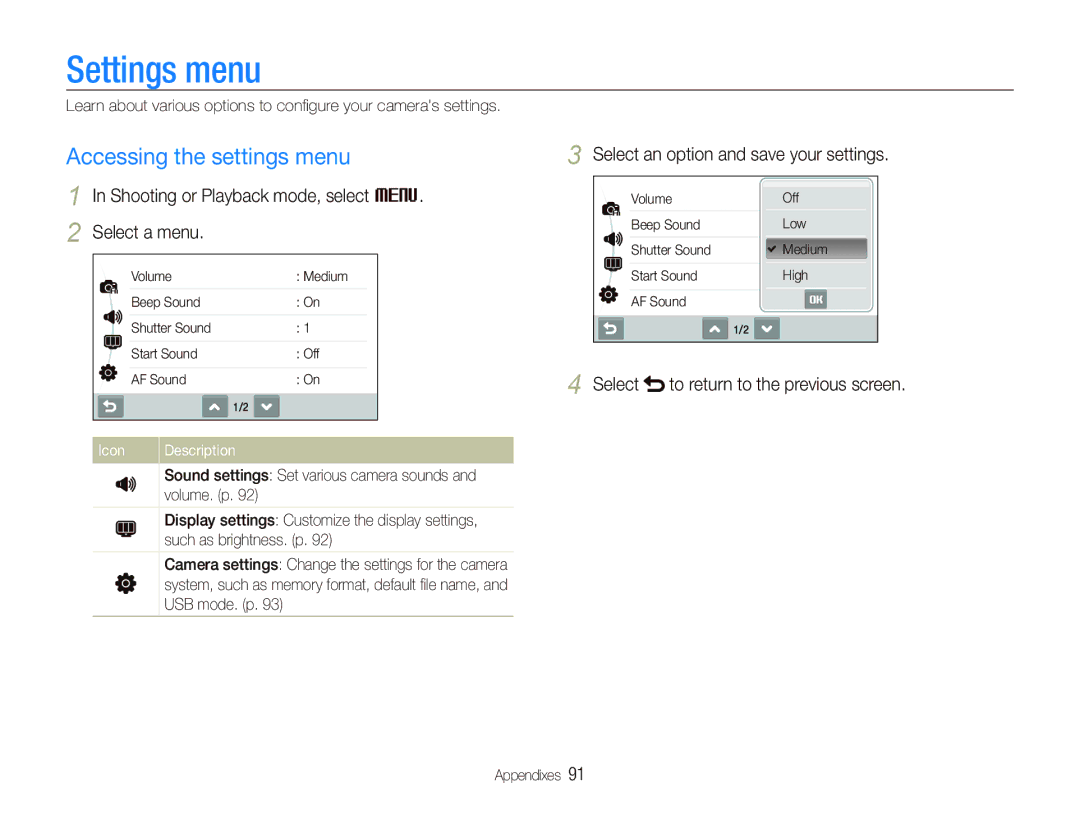 Samsung EC-ST5000BPBGS manual Settings menu, Accessing the settings menu, Shooting or Playback mode, select M Select a menu 