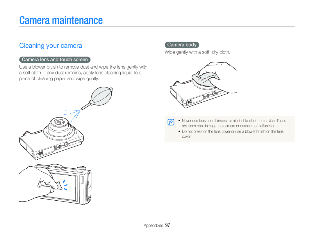 Samsung EC-ST500ZBPUZA, EC-ST500ZBPRIT Camera maintenance, Cleaning your camera, Camera lens and touch screen, Camera body 