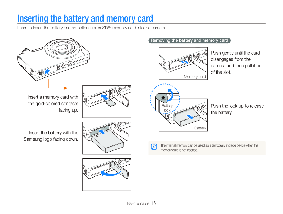 Samsung EC-ST5000BPAIT, EC-ST500ZBPRIT manual Inserting the battery and memory card, Removing the battery and memory card 