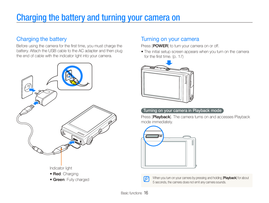 Samsung EC-ST5000BPOIT, EC-ST500ZBPRIT manual Charging the battery and turning your camera on, Turning on your camera 