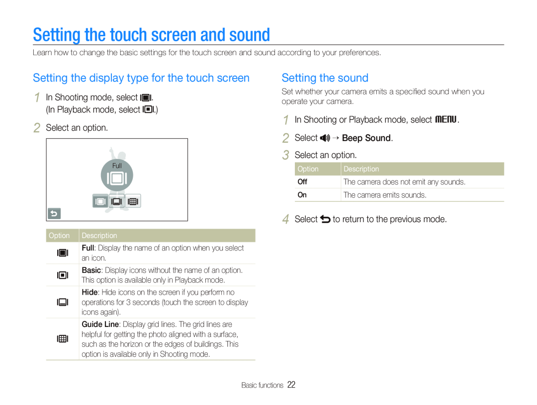 Samsung EC-ST5000BPASA Setting the touch screen and sound, Setting the display type for the touch screen, Select an option 