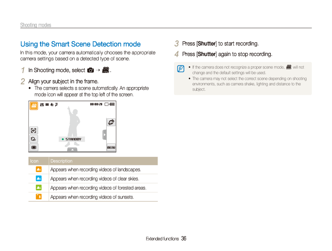 Samsung EC-ST500ZBPSDZ manual Using the Smart Scene Detection mode, Press Shutter to start recording, Shooting modes, Icon 