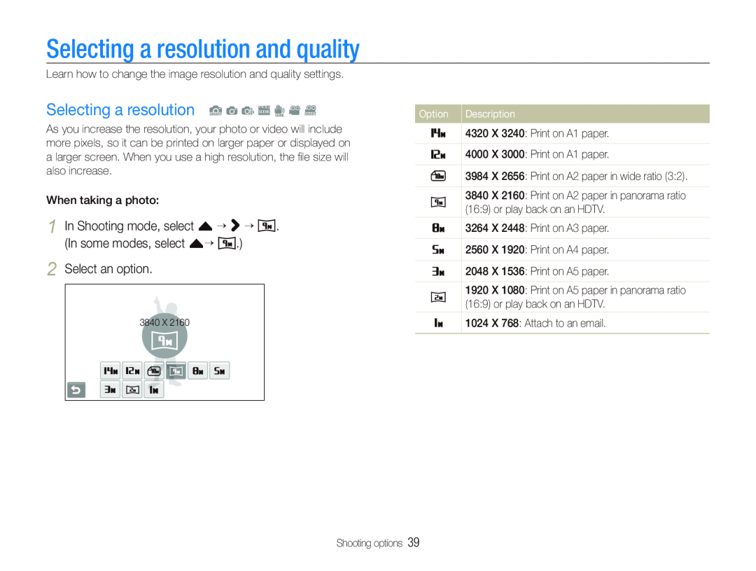 Samsung EC-ST500ZBPRSA manual Selecting a resolution and quality, Selecting a resolution S a p s d v D, Select an option 