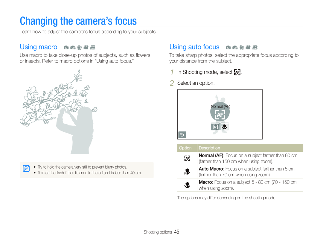 Samsung EC-ST5000BPUSA Changing the camera’s focus, Using macro a p d v D, Using auto focus a p d v D, Option Description 