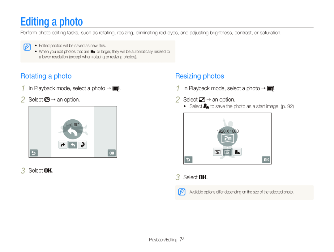 Samsung EC-ST5000BPORU Editing a photo, Rotating a photo, Resizing photos, In Playback mode, select a photo “, Select 