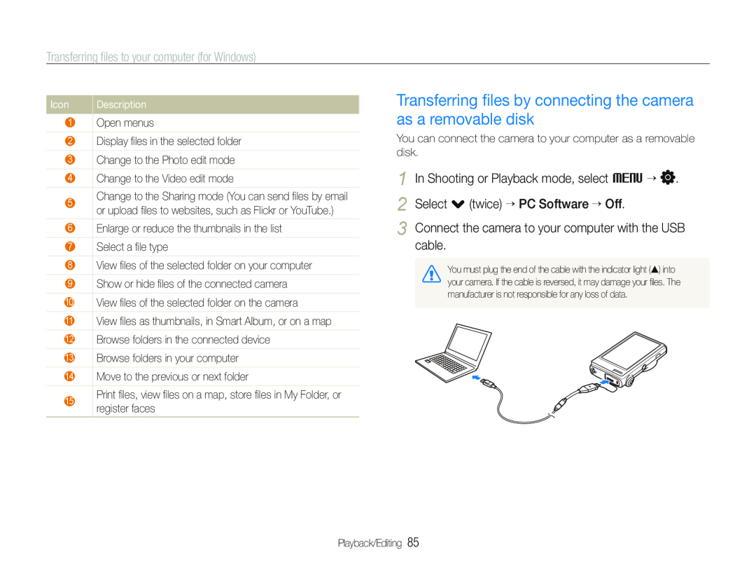 Samsung EC-ST500ZBPSE1 Transferring ﬁles by connecting the camera as a removable disk, Select . twice ““PC Software ““Off 