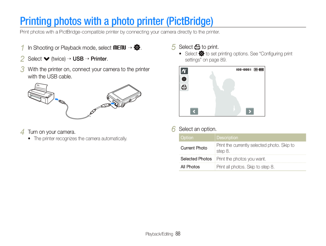 Samsung EC-ST5000BPBE1 Printing photos with a photo printer PictBridge, t The printer recognizes the camera automatically 