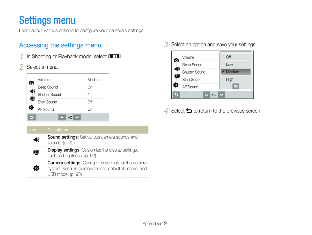 Samsung EC-ST5000BPBGS Settings menu, Accessing the settings menu, In Shooting or Playback mode, select M 2 Select a menu 
