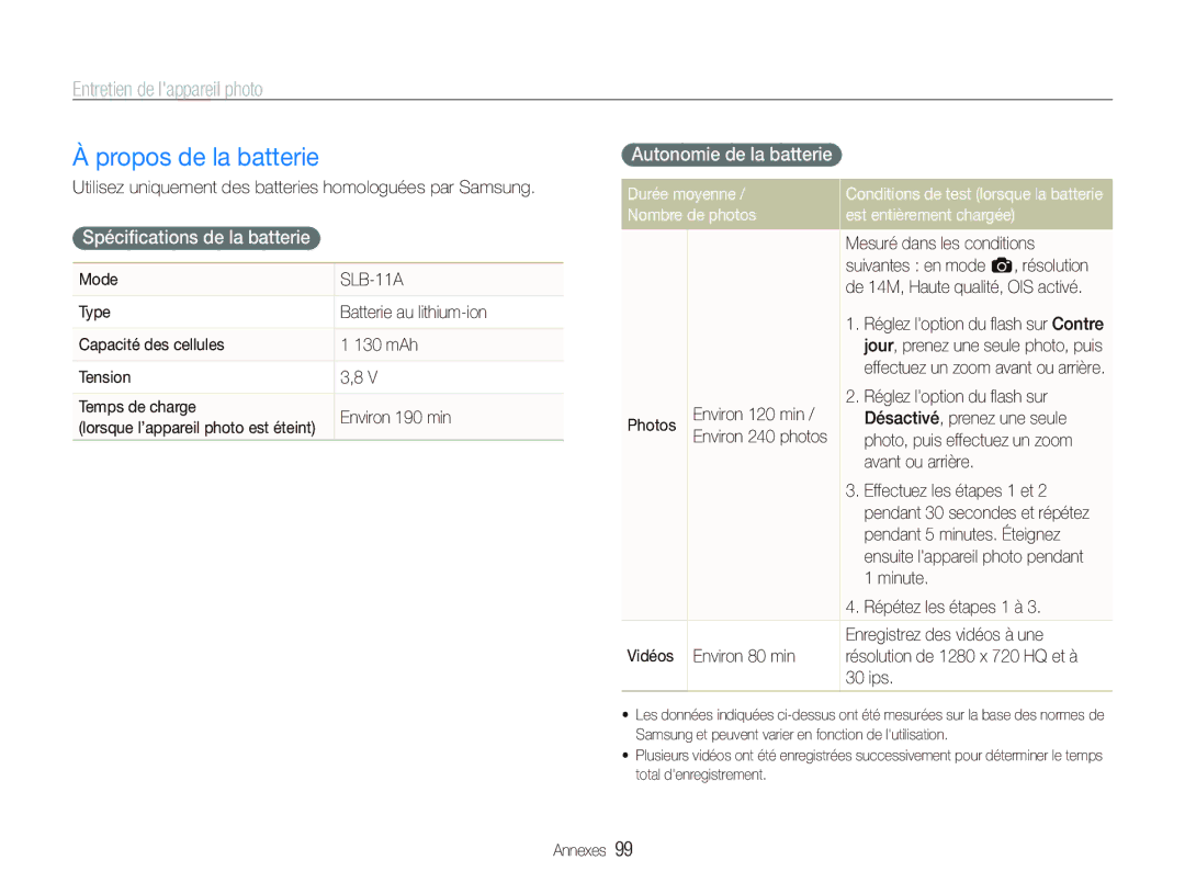 Samsung EC-ST5000BPBE1 manual Propos de la batterie, Spéciﬁcations de la batterie, Autonomie de la batterie, Durée moyenne 